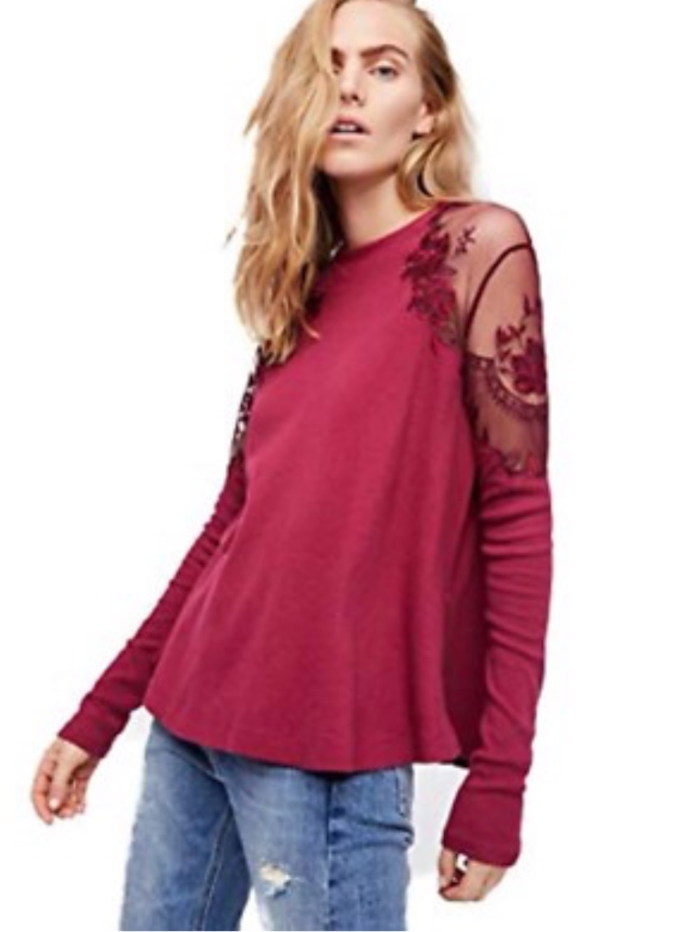 Free People Daniella Embroidered Illusion Long Sleeve Top Sz Small Wine Color